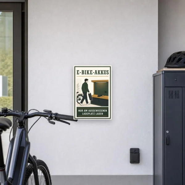 KI-generiertes Anwendungsbeispiel: E-Bike-Akkus Ladeplatz Schild – Nur am ausgewiesenen Ladeplatz laden am passenden Einsatzort mit gut sichtbarem Motiv und klarer Beschriftung.