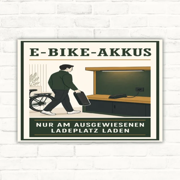 E-Bike-Akkus Ladeplatz Schild – Nur am ausgewiesenen Ladeplatz laden mit gut lesbarem Motiv und klarer Beschriftung als bedrucktes Schild aus Aluminium-Verbundplatte.