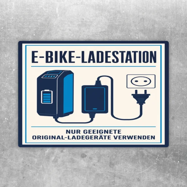 E-Bike Ladestation Aufkleber mit Ladegerät, Akku, Steckdose und Hinweis auf geeignete Original-Ladegeräte.