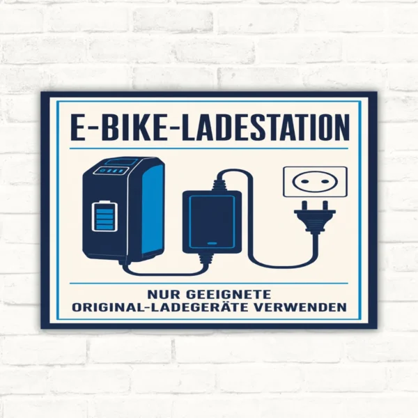 E-Bike Ladestation Schild mit Text „Nur geeignete Original-Ladegeräte verwenden“, Akku, Ladegerät und Steckdose.