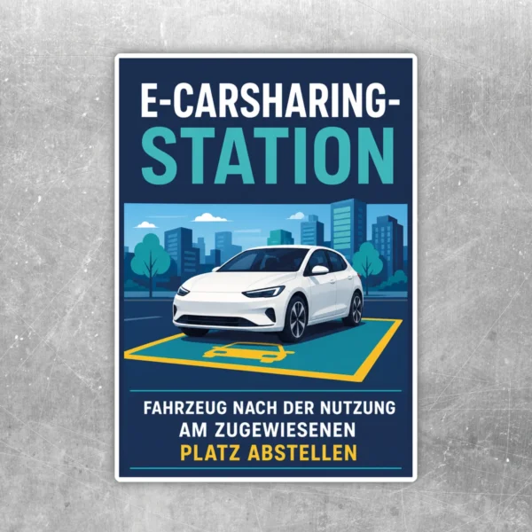 E-Carsharing Station Aufkleber im Hochformat mit Elektroauto, gelbem Stellplatz und Hinweis zur Rückgabe am Platz.