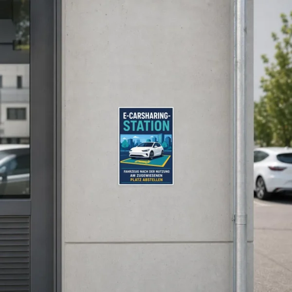 KI-generiertes Anwendungsbeispiel: E-Carsharing Station Aufkleber an einem zugewiesenen Stellplatz mit Elektroauto.