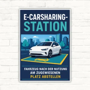E-Carsharing Station Schild mit Elektroauto und Text Fahrzeug nach Nutzung am zugewiesenen Platz abstellen.