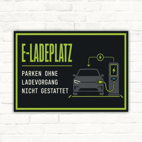 E-Ladeplatz Schild mit Text „Parken ohne Ladevorgang nicht gestattet“, Elektroauto und Ladesäule im Querformat.