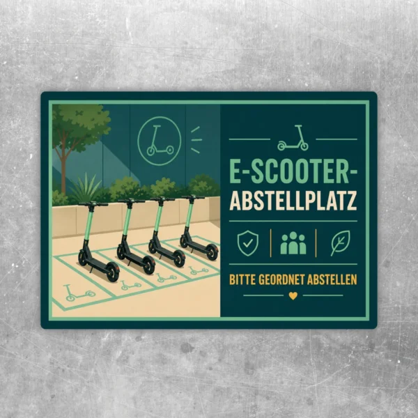 E-Scooter Abstellplatz Aufkleber im Querformat mit geordneten Rollern, grün-türkisem Design und Hinweistext.