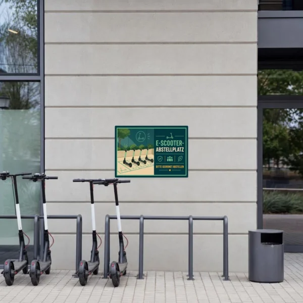 KI-generiertes Anwendungsbeispiel: E-Scooter Abstellplatz Aufkleber auf grauer Fläche mit grün-türkisem Motiv.