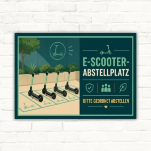 E-Scooter Abstellplatz Schild mit Text „Bitte geordnet abstellen“, Scooter-Illustration und grünem Querformat-Design.