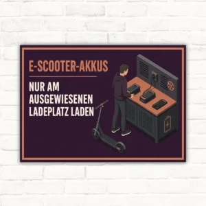 E-Scooter-Akkus Ladeplatz Schild – nur am ausgewiesenen Ladeplatz laden mit gut lesbarem Motiv und klarer Beschriftung als bedrucktes Schild aus Aluminium-Verbundplatte.