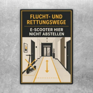 E-Scooter nicht abstellen Aufkleber mit Flucht- und Rettungswege-Hinweis, gelb-schwarzem Text und Flurmotiv.