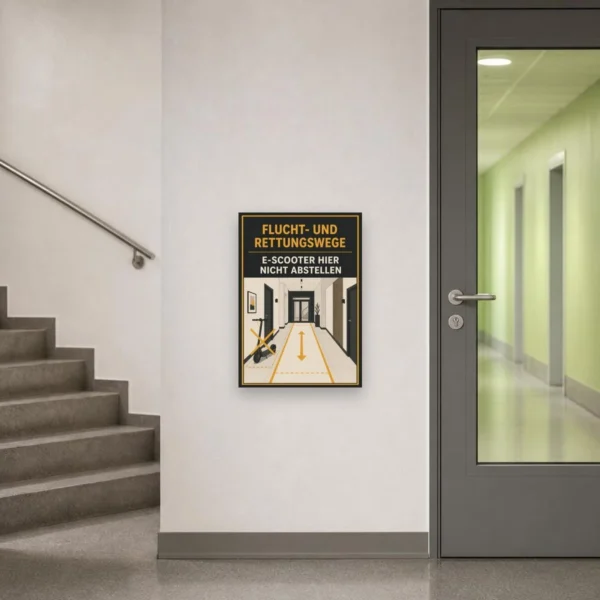 KI-generiertes Anwendungsbeispiel: E-Scooter nicht abstellen Schild für Flucht- und Rettungswege an einer Flurwand.