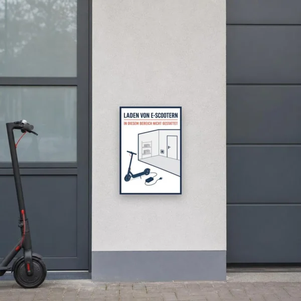 KI-generiertes Anwendungsbeispiel: E-Scooter laden verboten Schild mit Text und Illustration an heller Wand montiert.