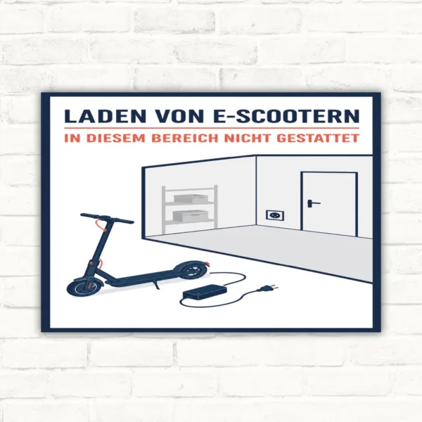 Schild mit Text „Laden von E-Scootern in diesem Bereich nicht gestattet“ und E-Scooter mit Ladegerät vor Innenraum.