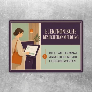 Aufkleber zur elektronischen Besucheranmeldung mit Frau am Terminal und Hinweis auf Anmeldung und Freigabe.