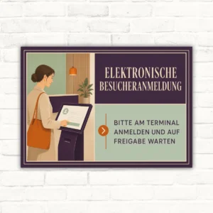 Hinweisschild mit Text „Elektronische Besucheranmeldung“ und Hinweis zur Anmeldung am Terminal im Querformat.