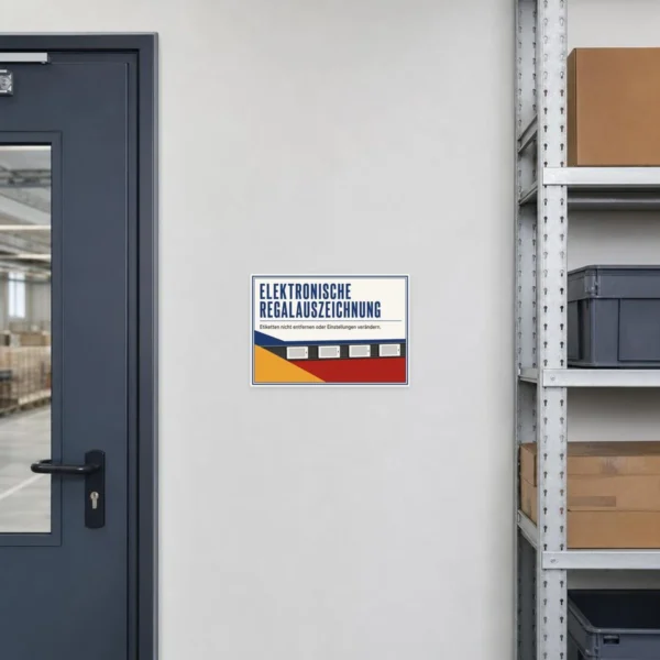 KI-generiertes Anwendungsbeispiel: Elektronische Regalauszeichnung Aufkleber an Regalbereich mit digitalen Preisetiketten.