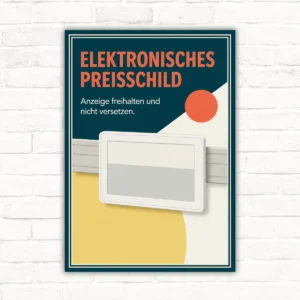 Hinweisschild mit Text „Elektronisches Preisschild – Anzeige freihalten und nicht versetzen“ für Regale.