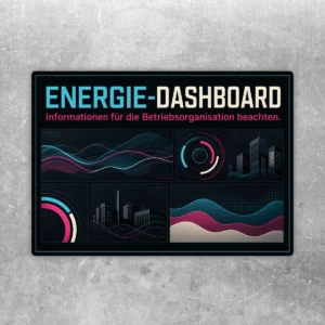 Energie-Dashboard Aufkleber im Querformat mit türkisen und pinken Diagrammen sowie Hinweis zur Betriebsorganisation.