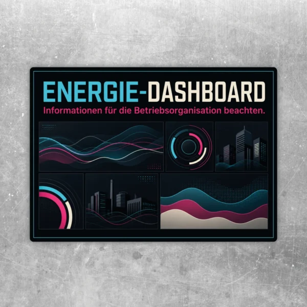 Energie-Dashboard Aufkleber im Querformat mit türkisen und pinken Diagrammen sowie Hinweis zur Betriebsorganisation.