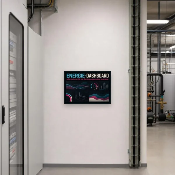 KI-generiertes Anwendungsbeispiel: Energie-Dashboard Schild mit Diagrammen und Hinweis zur Betriebsorganisation an Wand.