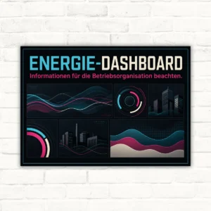 Energie-Dashboard Schild mit Wortlaut „Informationen für die Betriebsorganisation beachten“ im modernen Querformat.