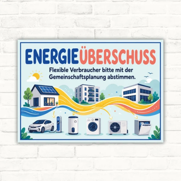 Energieüberschuss Schild mit Text „Flexible Verbraucher bitte mit der Gemeinschaftsplanung abstimmen“ im Querformat.