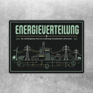 Energieverteilung Aufkleber im Querformat mit Strommasten, Leitungen und Hinweis zur zuständigen Kontaktstelle.