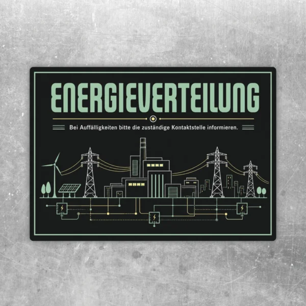 Energieverteilung Aufkleber im Querformat mit Strommasten, Leitungen und Hinweis zur zuständigen Kontaktstelle.