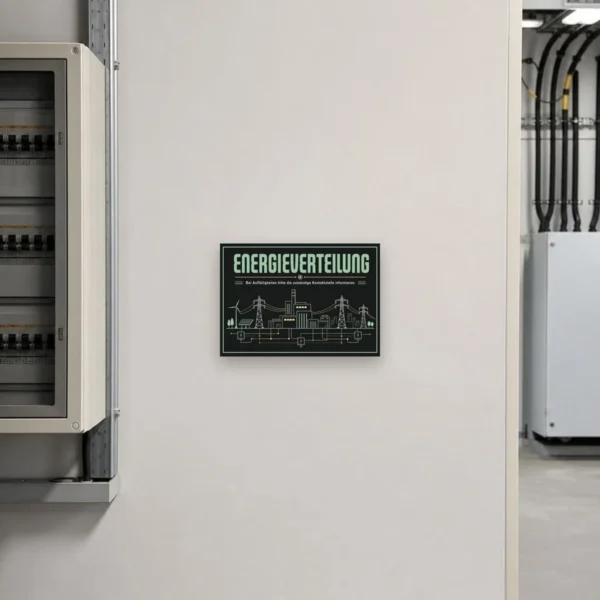 KI-generiertes Anwendungsbeispiel: Energieverteilung Schild – Bei Auffälligkeiten Kontaktstelle informieren am passenden Einsatzort mit gut sichtbarem Motiv und klarer Beschriftung.