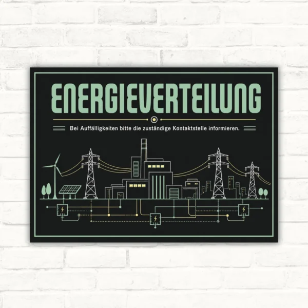 Energieverteilung Schild – Bei Auffälligkeiten Kontaktstelle informieren mit gut lesbarem Motiv und klarer Beschriftung als bedrucktes Schild aus Aluminium-Verbundplatte.