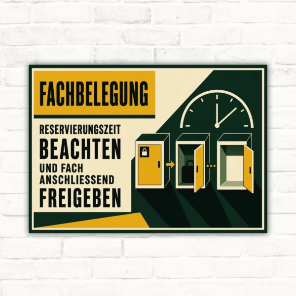 Fachbelegung Schild Reservierungszeit beachten und Fach freigeben mit gut lesbarem Motiv und klarer Beschriftung als bedrucktes Schild aus Aluminium-Verbundplatte.