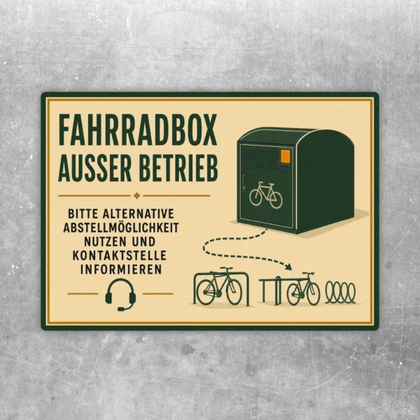 Querformatiger Fahrradbox außer Betrieb Aufkleber mit Hinweis auf alternative Abstellmöglichkeit und Fahrradsymbolen.