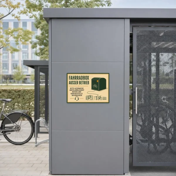 KI-generiertes Anwendungsbeispiel: Fahrradbox außer Betrieb Aufkleber an einer Abstellanlage mit Hinweistext und Symbolen.