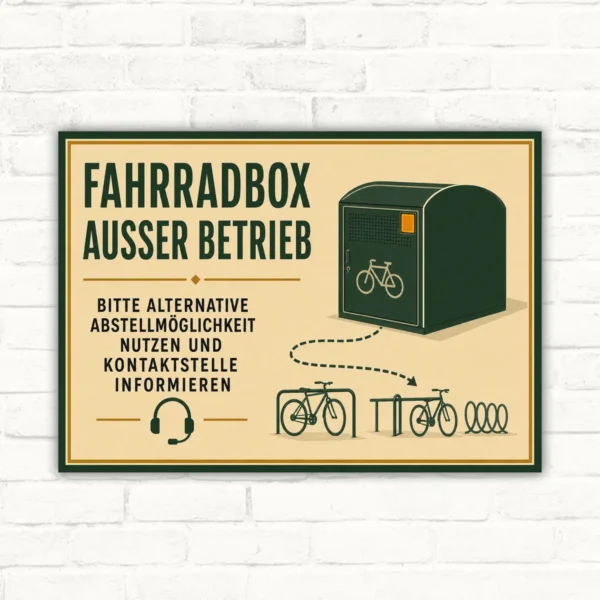 Fahrradbox außer Betrieb Schild mit Text zu alternativer Abstellmöglichkeit und Kontaktstelle im Querformat.