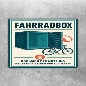 Fahrradbox Aufkleber mit Text zum vollständigen Leeren und Schließen, türkis-schwarzes Motiv im Hochformat.