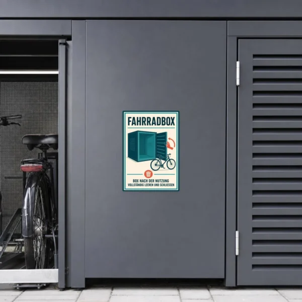 KI-generiertes Anwendungsbeispiel: Fahrradbox Aufkleber zum Leeren und Schließen auf grauem Untergrund montiert.