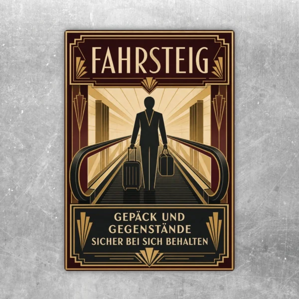 Fahrsteig Aufkleber im Art-Déco-Stil mit Person, Gepäck und Hinweis, Gegenstände sicher bei sich zu behalten.