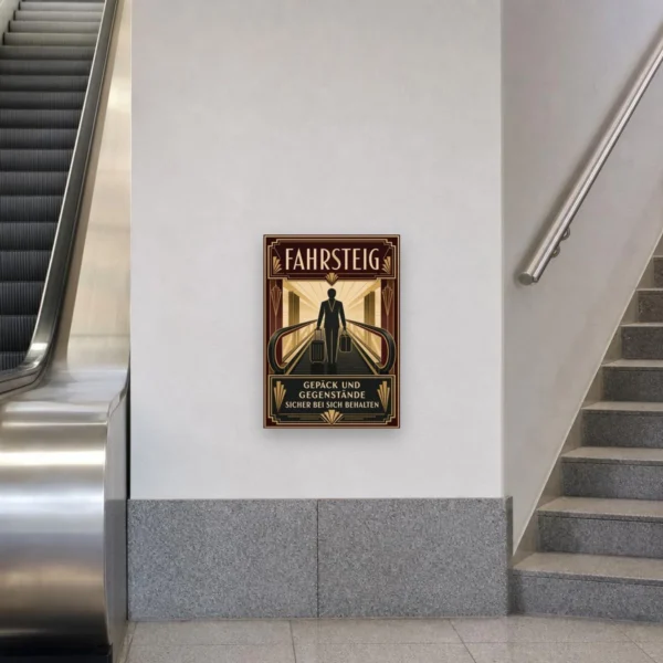 KI-generiertes Anwendungsbeispiel: Fahrsteig Schild „Gepäck und Gegenstände sicher bei sich behalten“ am passenden Einsatzort mit gut sichtbarem Motiv und klarer Beschriftung.