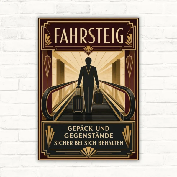 Fahrsteig Schild „Gepäck und Gegenstände sicher bei sich behalten“ mit gut lesbarem Motiv und klarer Beschriftung als bedrucktes Schild aus Aluminium-Verbundplatte.