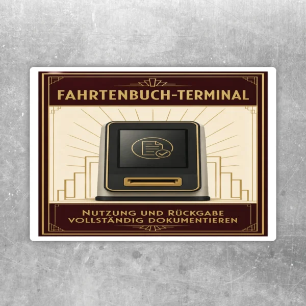Fahrtenbuch-Terminal Aufkleber in Braun und Gold mit Hinweis zur vollständigen Dokumentation von Nutzung und Rückgabe.