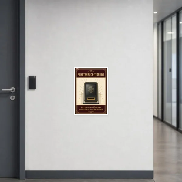 KI-generiertes Anwendungsbeispiel: Fahrtenbuch-Terminal Aufkleber auf grauer Fläche mit braun-goldenem Dokumentationshinweis.