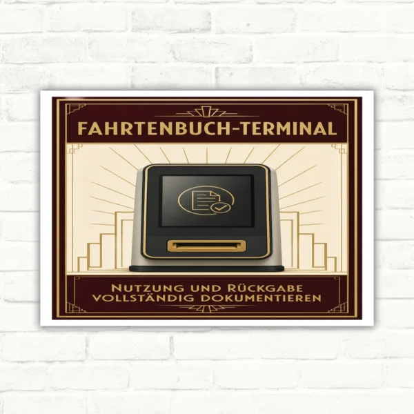 Fahrtenbuch-Terminal Schild mit Text „Nutzung und Rückgabe vollständig dokumentieren“ und Terminalgrafik im Retro-Stil.