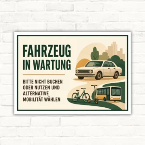 Schild mit dem Text „FAHRZEUG IN WARTUNG – BITTE NICHT BUCHEN ODER NUTZEN UND ALTERNATIVE MOBILITÄT WÄHLEN“ mit Auto, Fahrrad und E-Scooter.