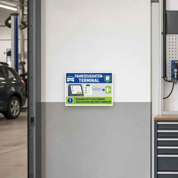 KI-generiertes Anwendungsbeispiel: Fahrzeugdaten-Terminal Schild – Eingaben abschließen und Gerät abmelden am passenden Einsatzort mit gut sichtbarem Motiv und klarer Beschriftung.