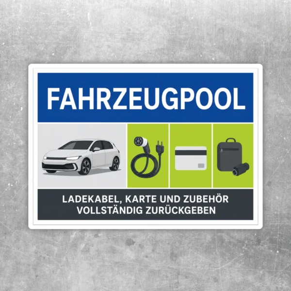 Querformat-Aufkleber Fahrzeugpool mit Auto, Ladekabel, Karte und Zubehör als Rückgabehinweis für E-Fahrzeuge.