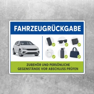 Fahrzeugrückgabe Aufkleber mit Auto, Zubehörsymbolen und Hinweis zum Prüfen persönlicher Gegenstände.