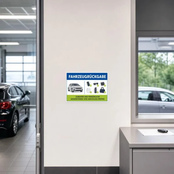 KI-generiertes Anwendungsbeispiel: Fahrzeugrückgabe Aufkleber mit Auto, Zubehör und grünen Prüfhäkchen.