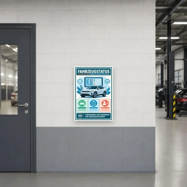 KI-generiertes Anwendungsbeispiel: Fahrzeugstatus Schild im Hochformat mit Auto und Prüfhinweis für den Fuhrpark.