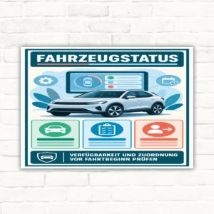 Fahrzeugstatus Schild mit Auto, Statusdisplay und Text Verfügbarkeit und Zuordnung vor Fahrtbeginn prüfen.