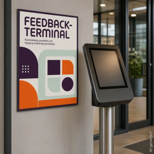 KI-generiertes Anwendungsbeispiel: Feedback Terminal Schild mit violett-orangefarbener Grafik an heller Wand montiert.