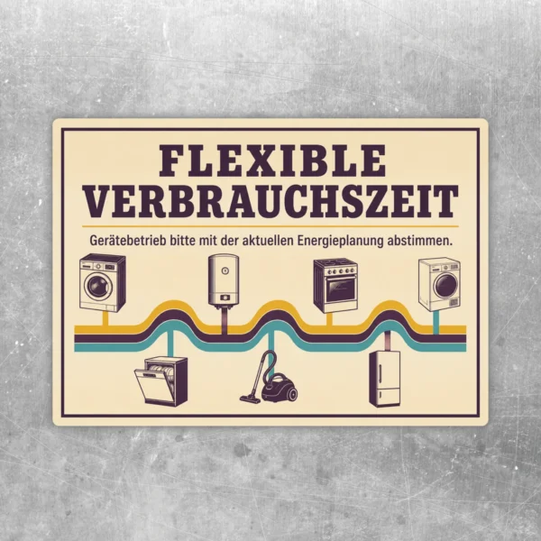 Flexible Verbrauchszeit Aufkleber im Querformat mit Retro-Geräten und Hinweis zur Abstimmung der Energieplanung.